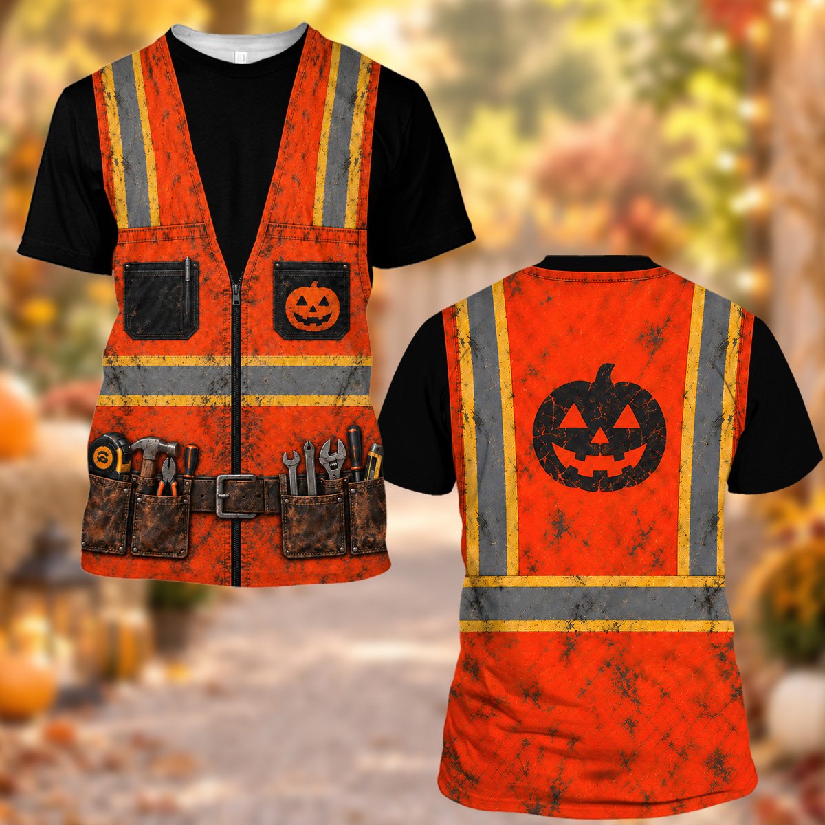 Detailed view of the Halloween construction hawaiian shirt design elements