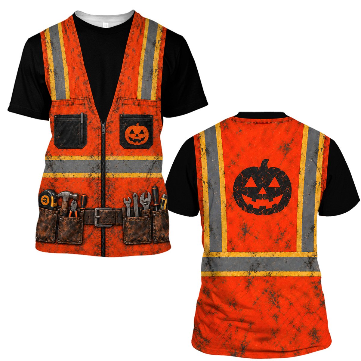 Full front view of the orange and black Halloween construction hawaiian shirt