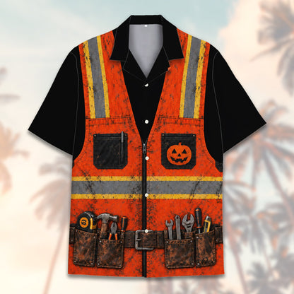 Halloween construction hawaiian shirt featuring high-vis vest design and jack-o'-lantern graphic