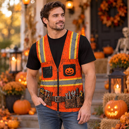 Outdoor lifestyle view showing the back jack-o'-lantern graphic on the construction hawaiian shirt