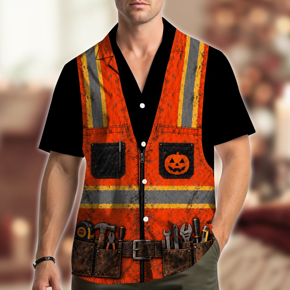 Lifestyle photography of the comfortable polyester halloween construction hawaiian shirt