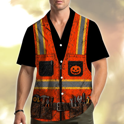 Group wearing matching family hawaiian shirts with construction vest theme
