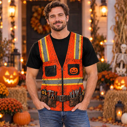 Lifestyle shot of family wearing the halloween construction hawaiian shirt outdoors