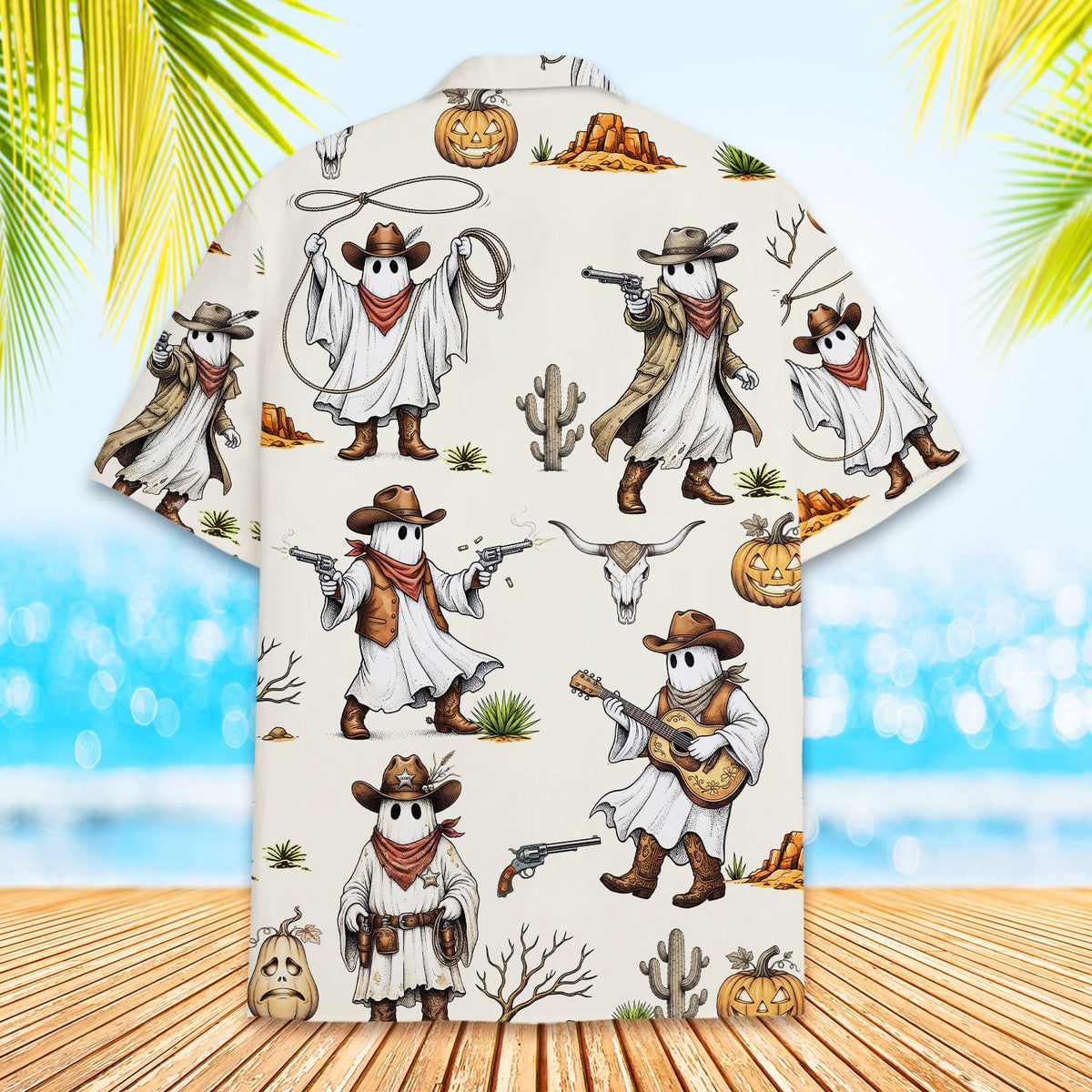 Close-up back view of the beige western ghost hawaiian shirt
