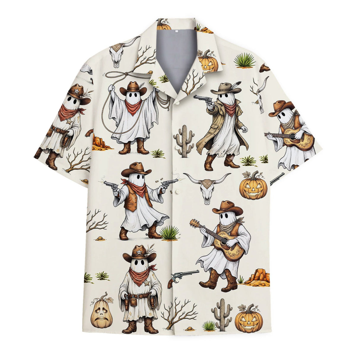 Close-up front view of the halloween cowboy hawaiian shirt