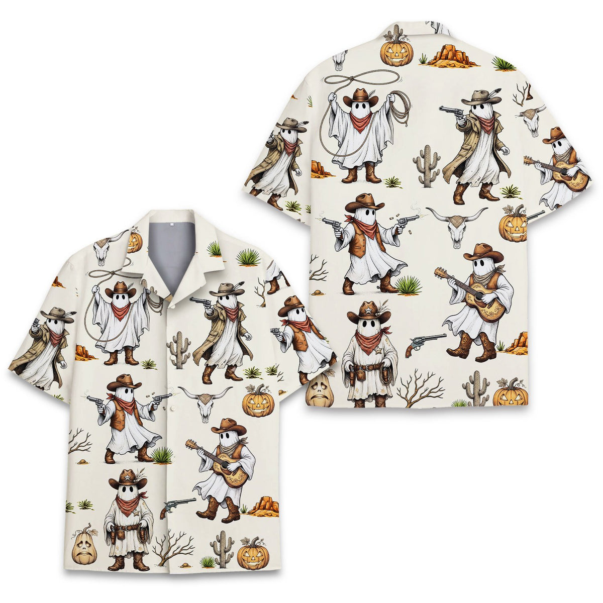 Halloween cowboy hawaiian shirt with western ghost pattern on beige, main view