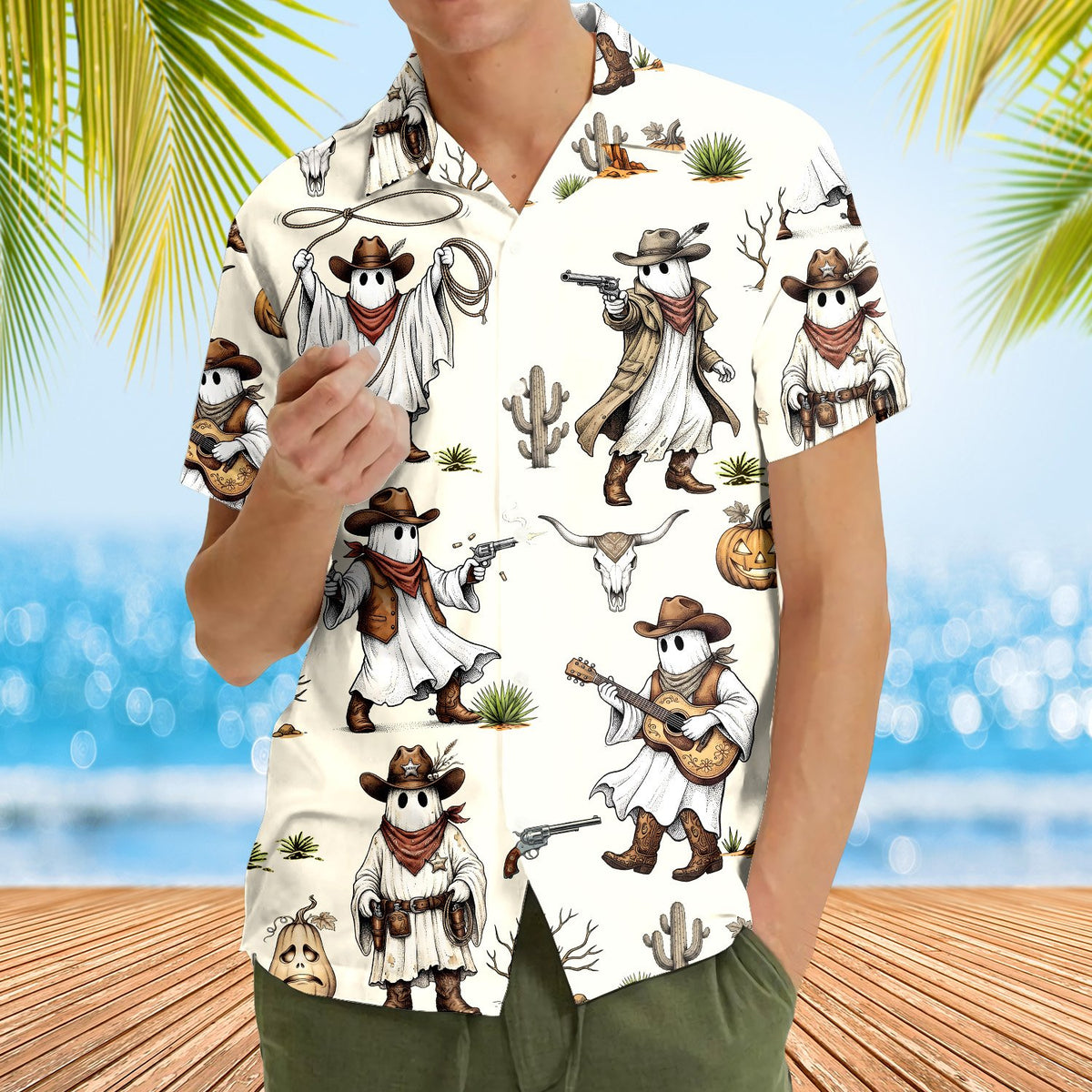 Another lifestyle view showing the western ghost halloween hawaiian shirt