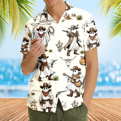 Another lifestyle view showing the western ghost halloween hawaiian shirt