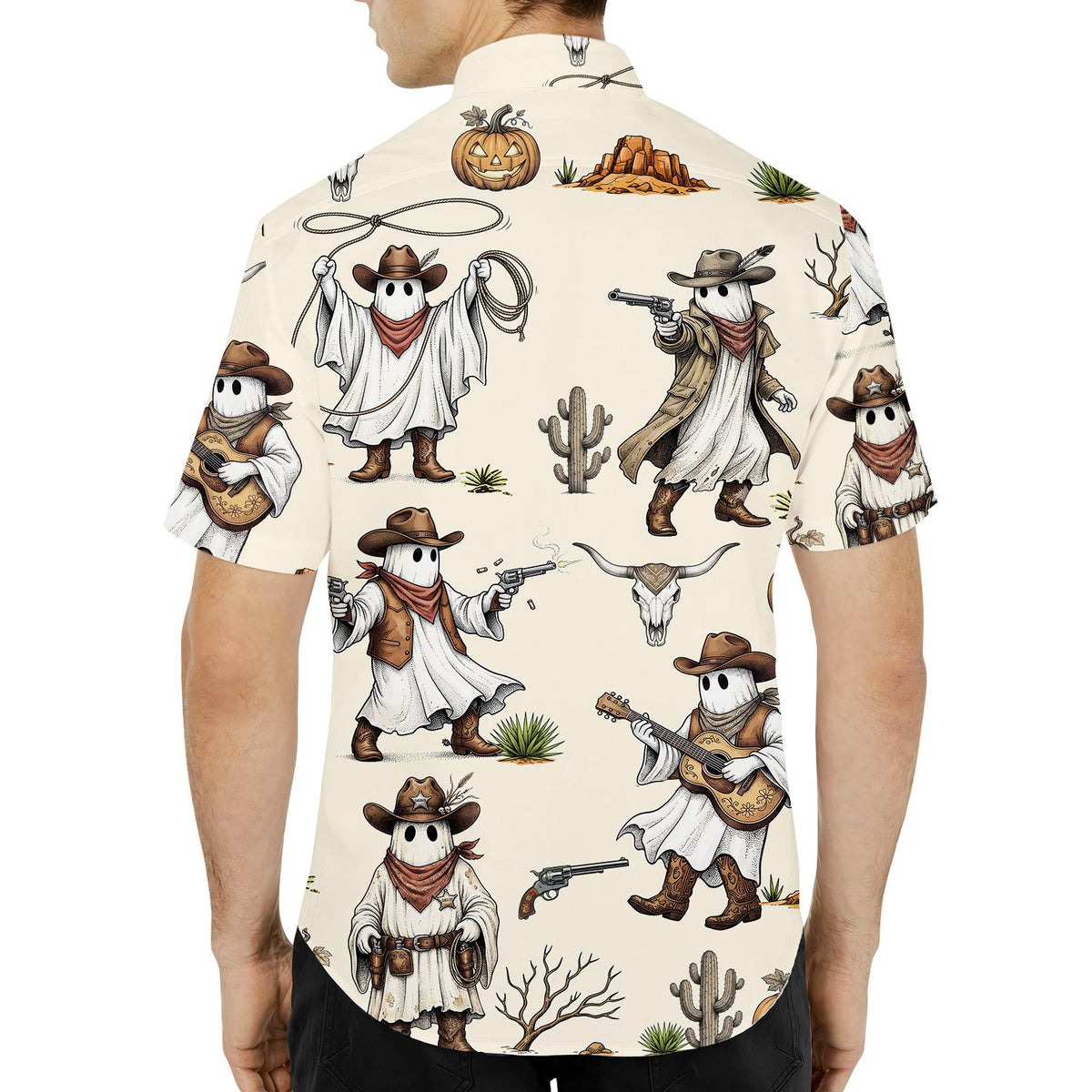 Lifestyle image of the beige halloween hawaiian shirt in a festive setting
