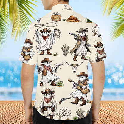 Final lifestyle view of the matching family hawaiian shirt for halloween