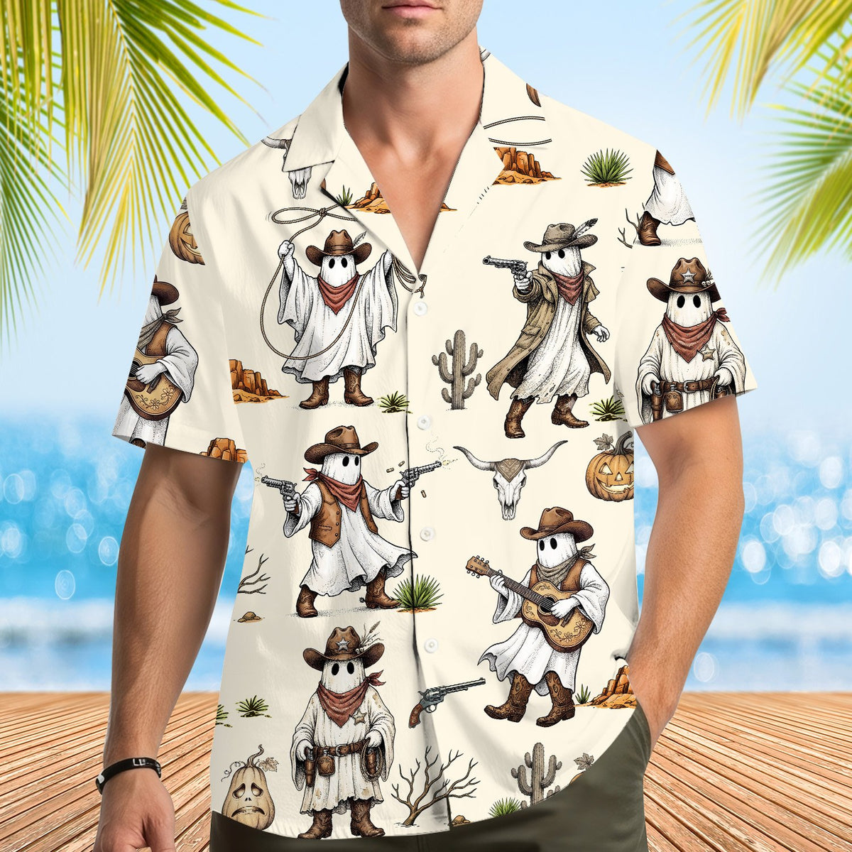 Lifestyle view of a family wearing the halloween cowboy hawaiian shirts