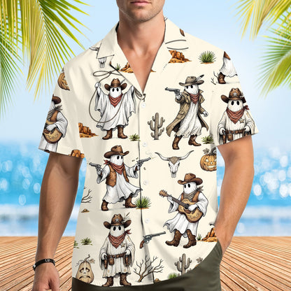 Lifestyle view of a family wearing the halloween cowboy hawaiian shirts