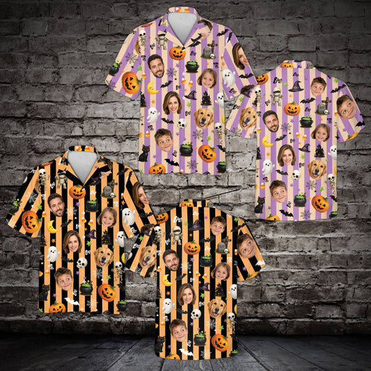 Halloween custom face hawaiian shirt showing spooky elements and custom faces, main view