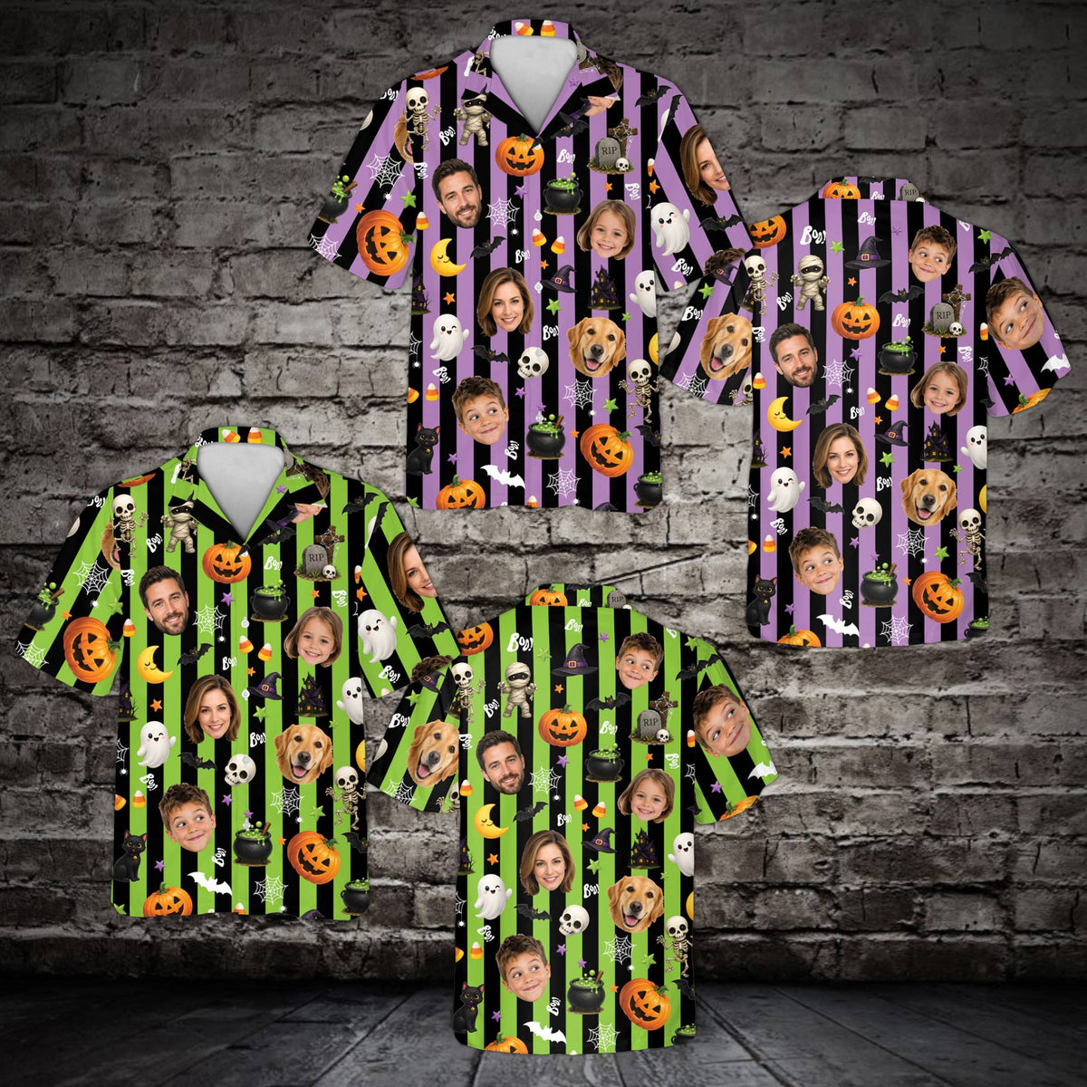 Front view detailing the personalized halloween custom face hawaiian shirt