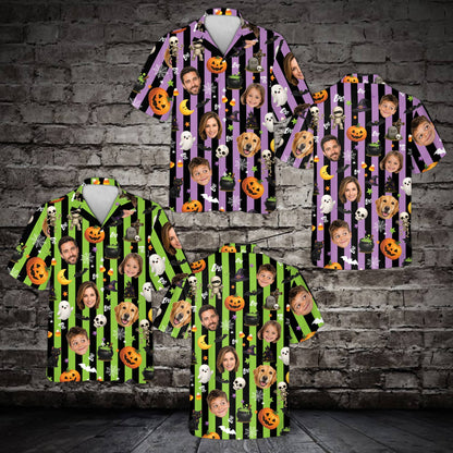 Front view detailing the personalized halloween custom face hawaiian shirt