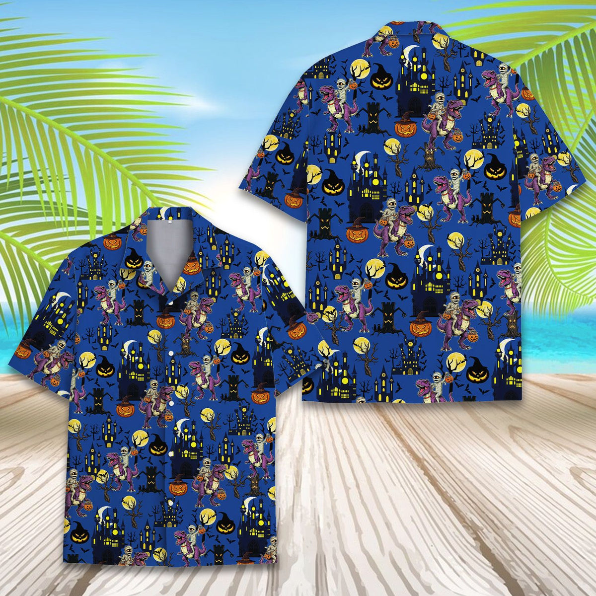 Alternate back view of the Halloween dinosaurs Hawaiian shirt