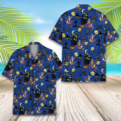Alternate back view of the Halloween dinosaurs Hawaiian shirt