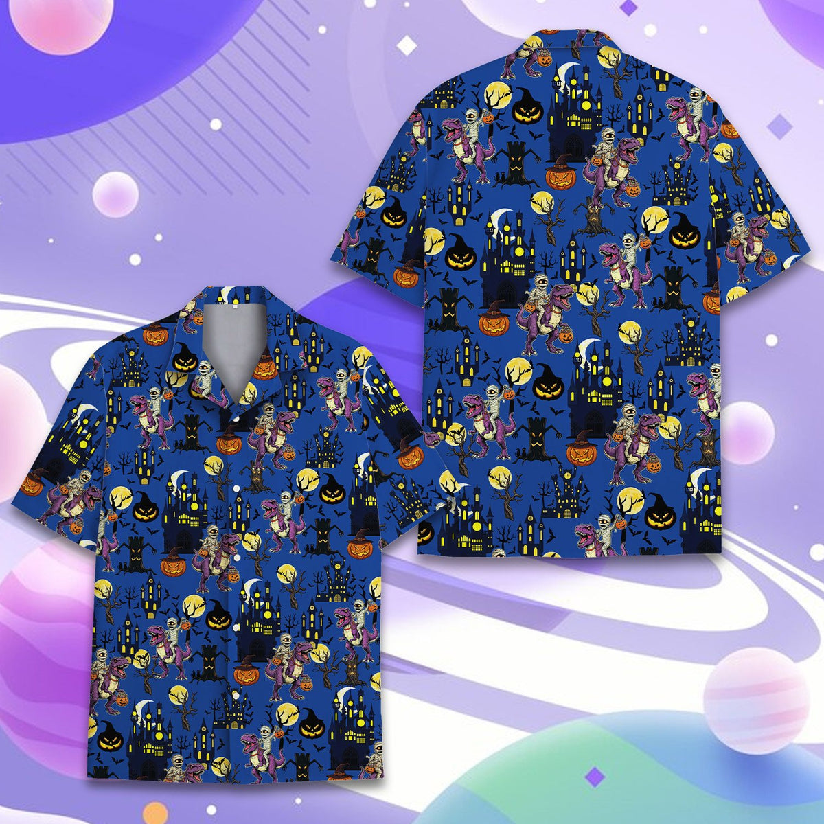 Back view of the blue Halloween dinosaurs Hawaiian shirt showing the repeating spooky pattern