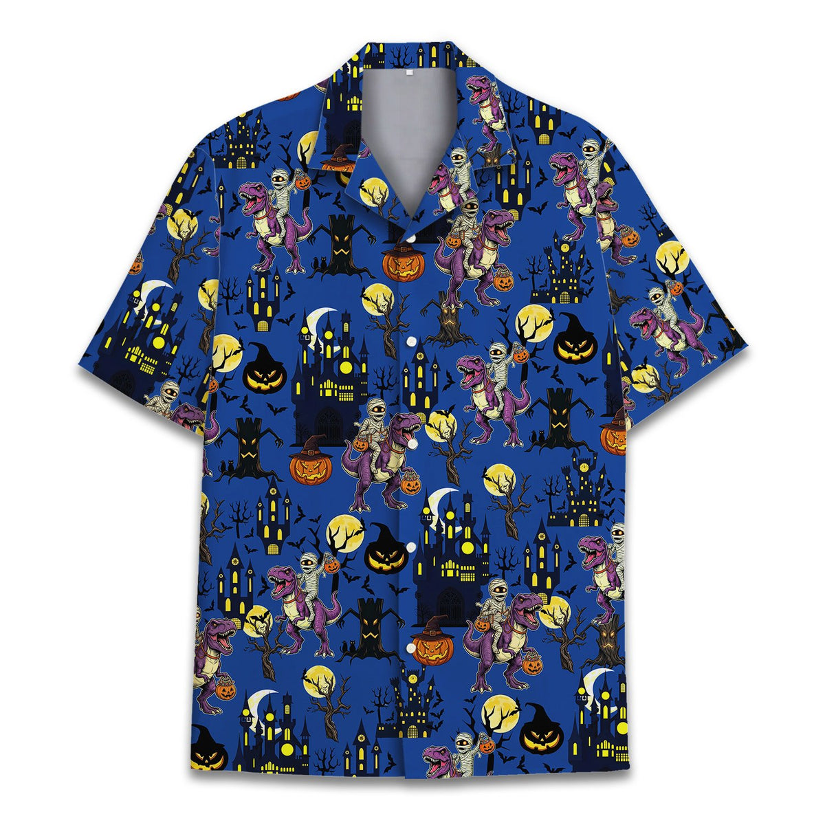 Close-up front view showing the purple T-Rex and mummy pattern on the Hawaiian shirt