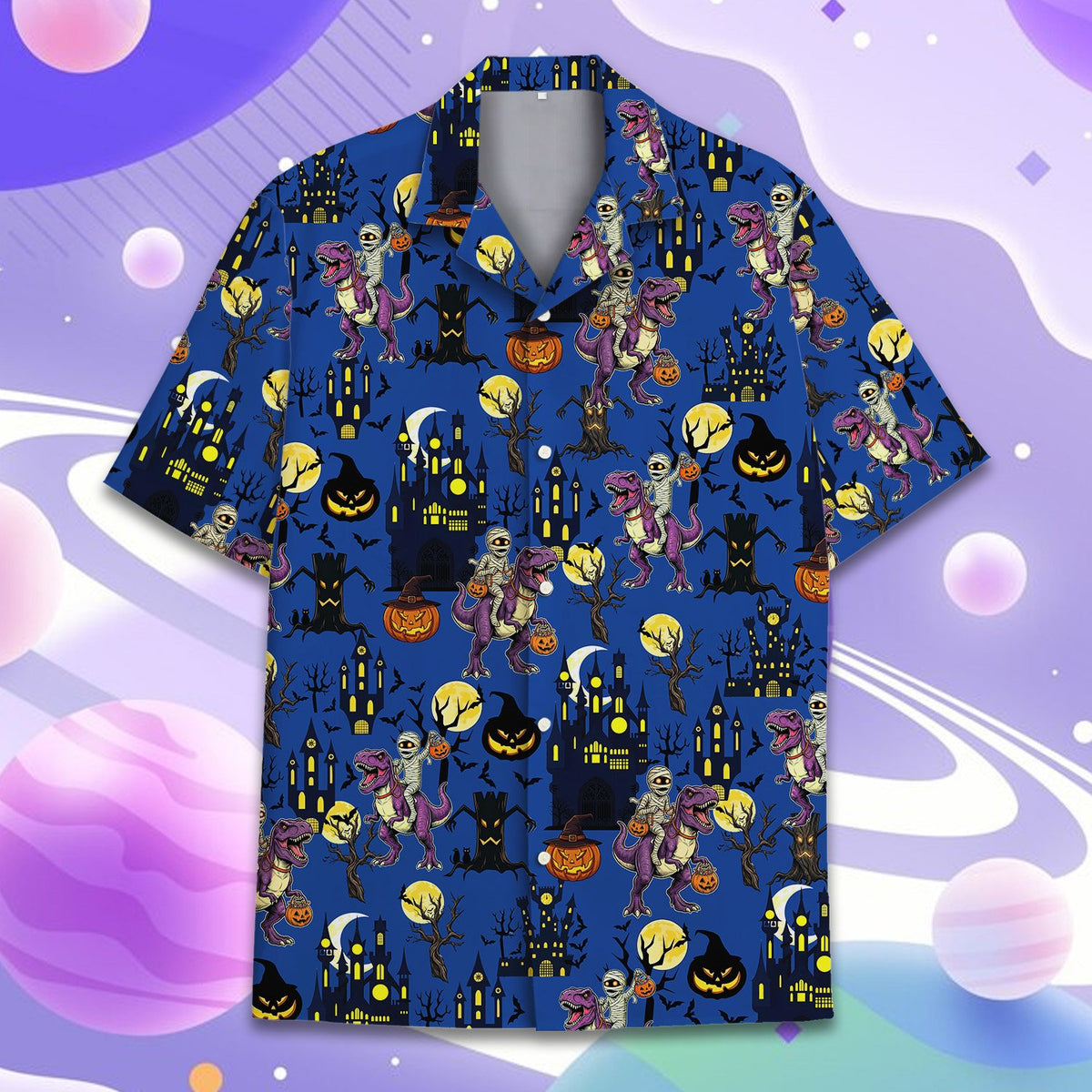 Another front angle of the Halloween dinosaurs Hawaiian shirt