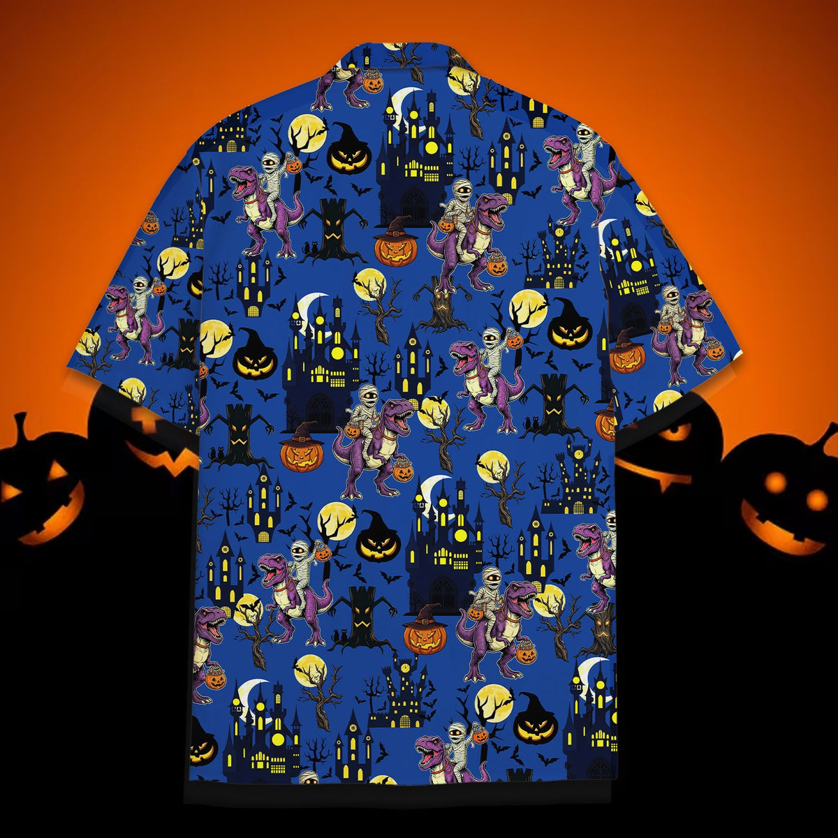 Detailed front view of the blue Hawaiian shirt's button placket and collar
