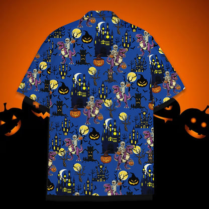 Detailed front view of the blue Hawaiian shirt's button placket and collar