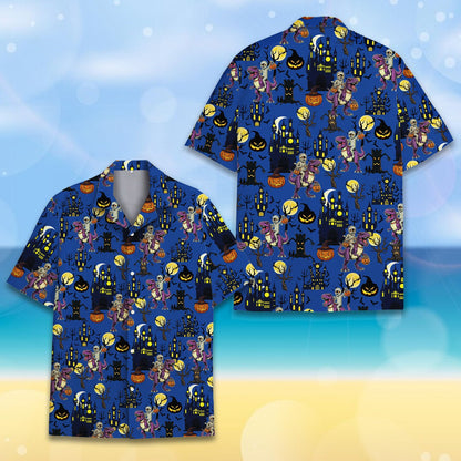 Front view of the blue Halloween dinosaurs Hawaiian shirt on a model