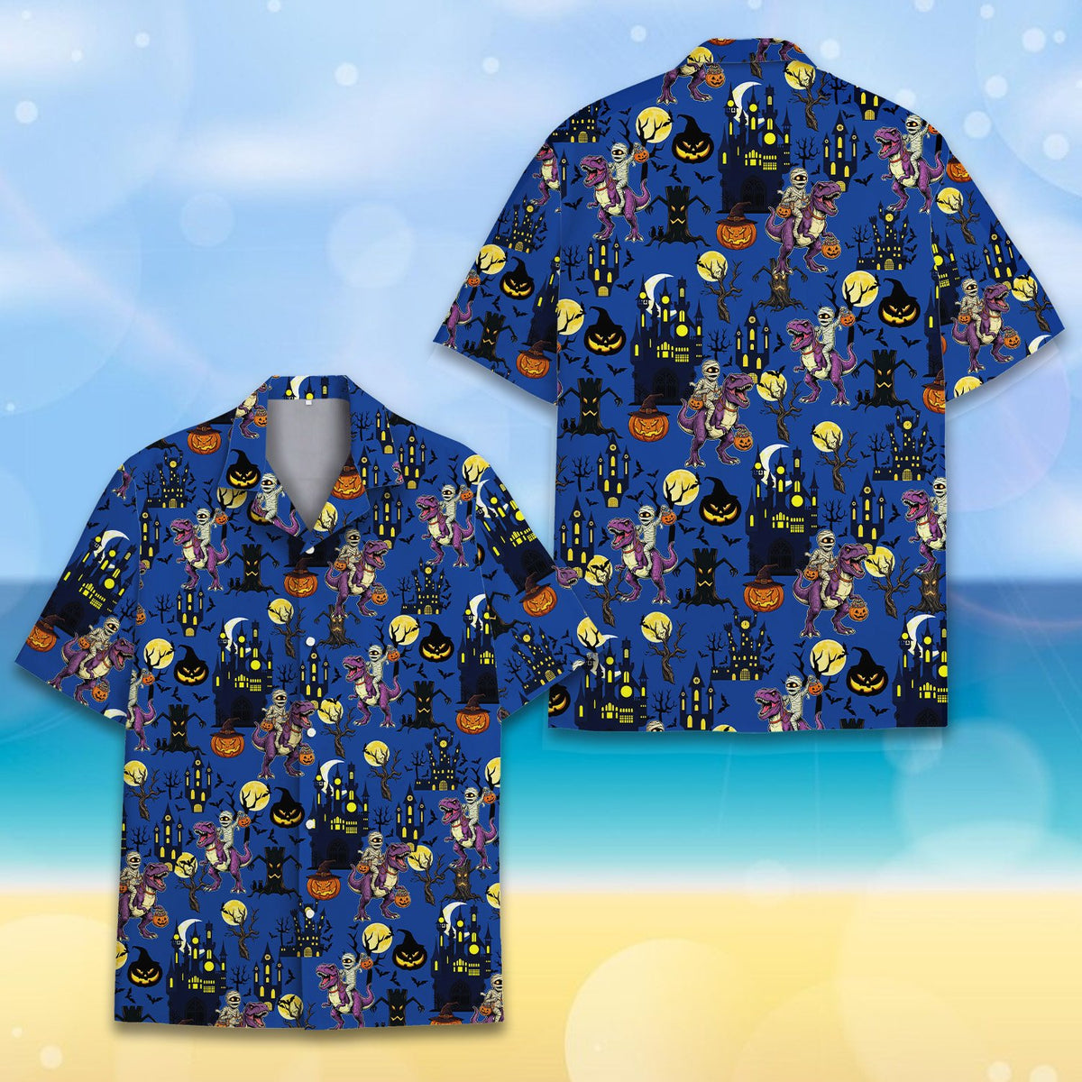 Blue Halloween dinosaurs Hawaiian shirt featuring mummies on T-Rexes and haunted houses, main view