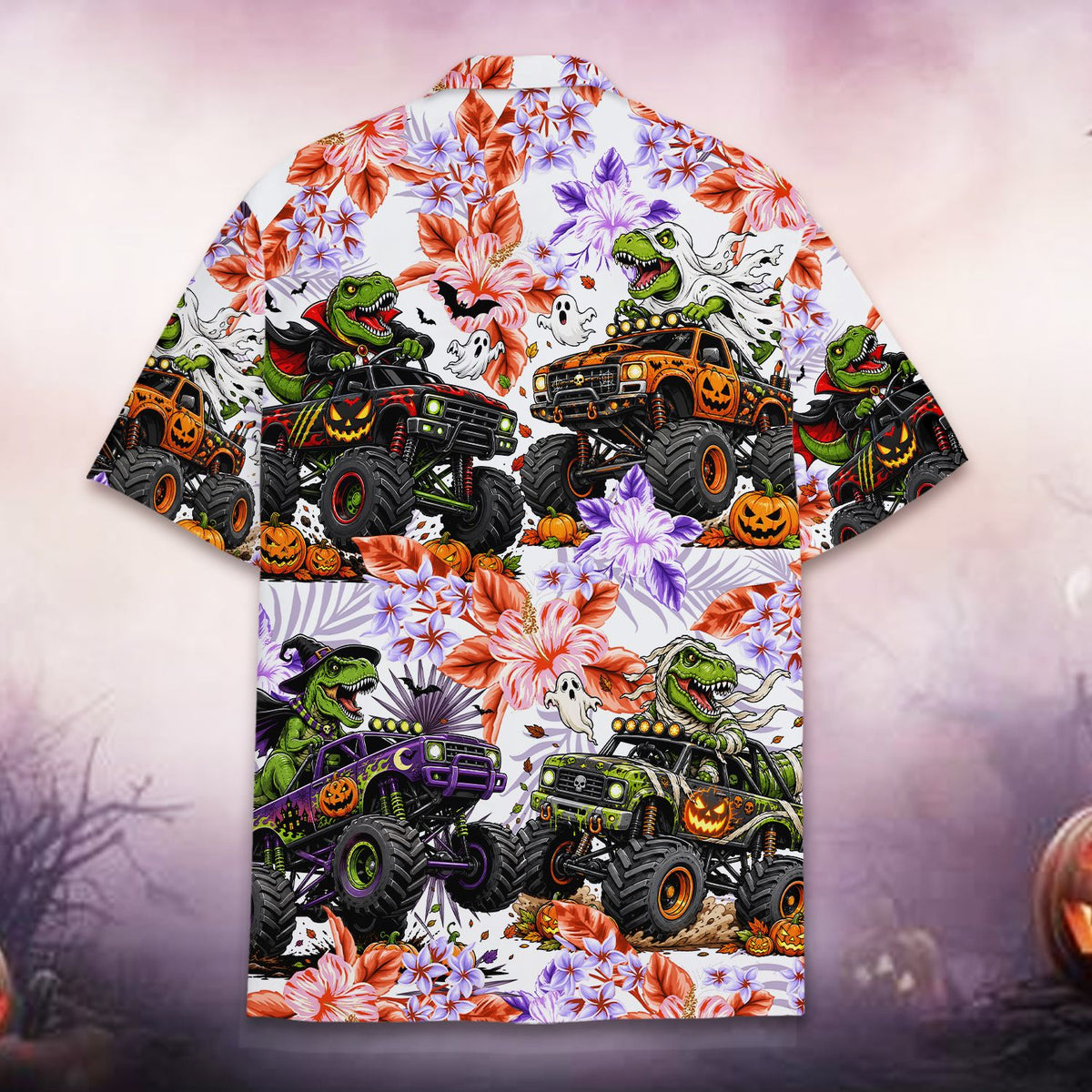 Detailed back view of dinosaur monster truck halloween shirt