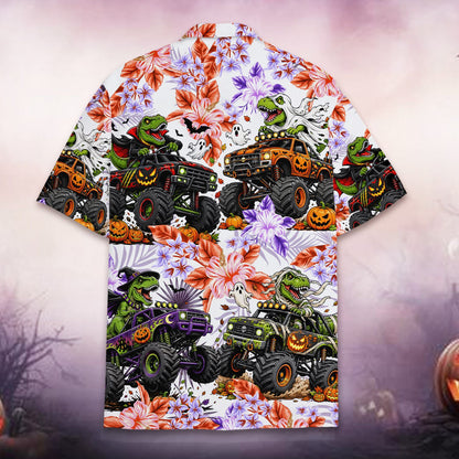 Detailed back view of dinosaur monster truck halloween shirt
