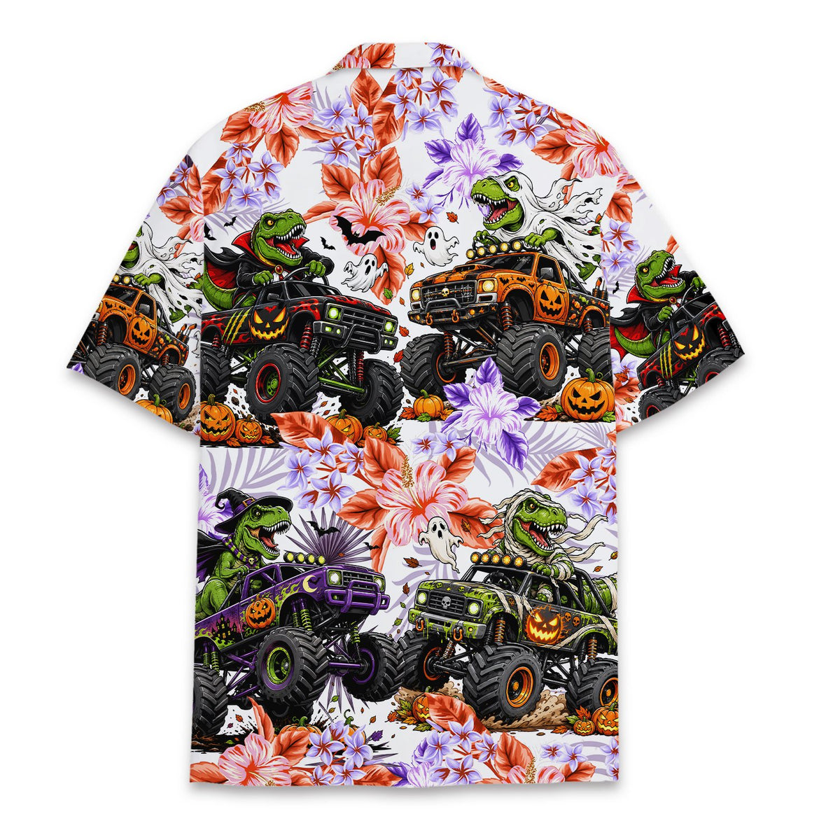 Back view of halloween dinosaurs monster trucks hawaiian shirt