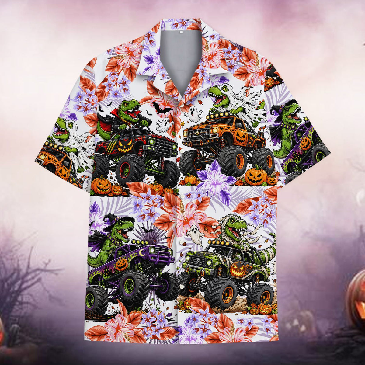 Halloween dinosaurs monster trucks hawaiian shirt front view