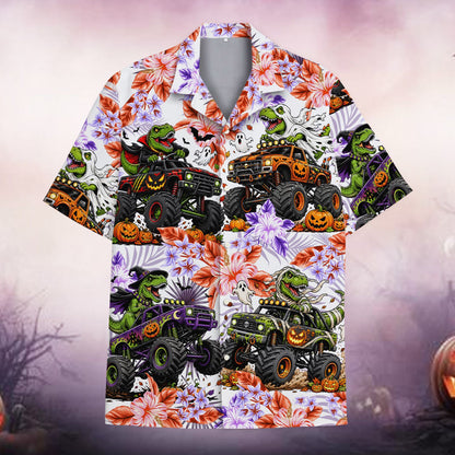 Halloween dinosaurs monster trucks hawaiian shirt front view