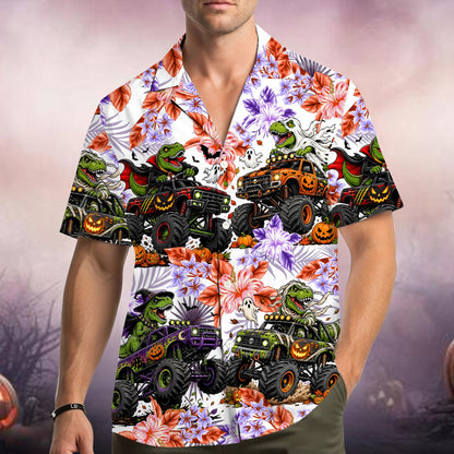 Family wearing halloween dinosaurs monster trucks hawaiian shirts