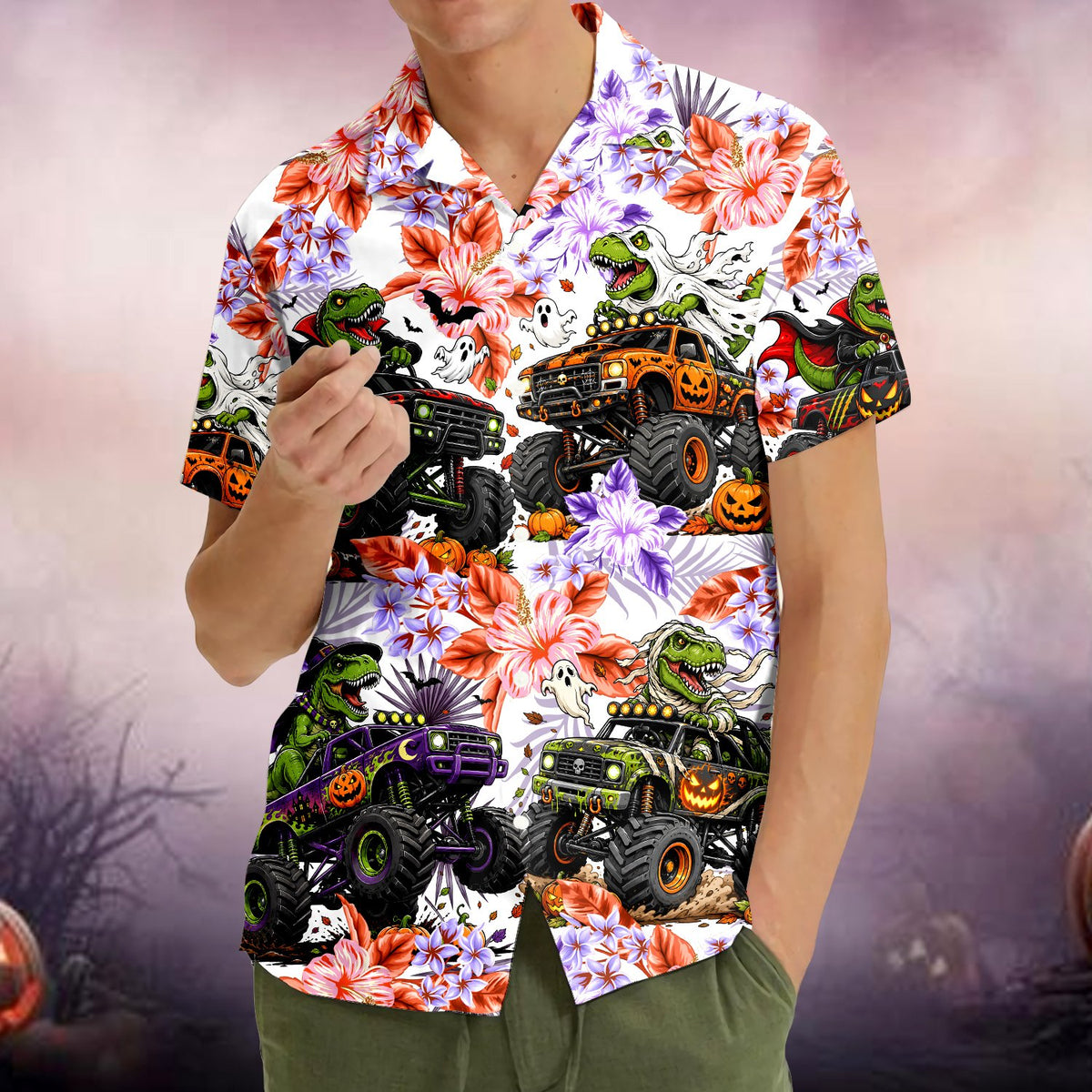 Halloween dinosaurs monster trucks hawaiian shirt worn outdoors
