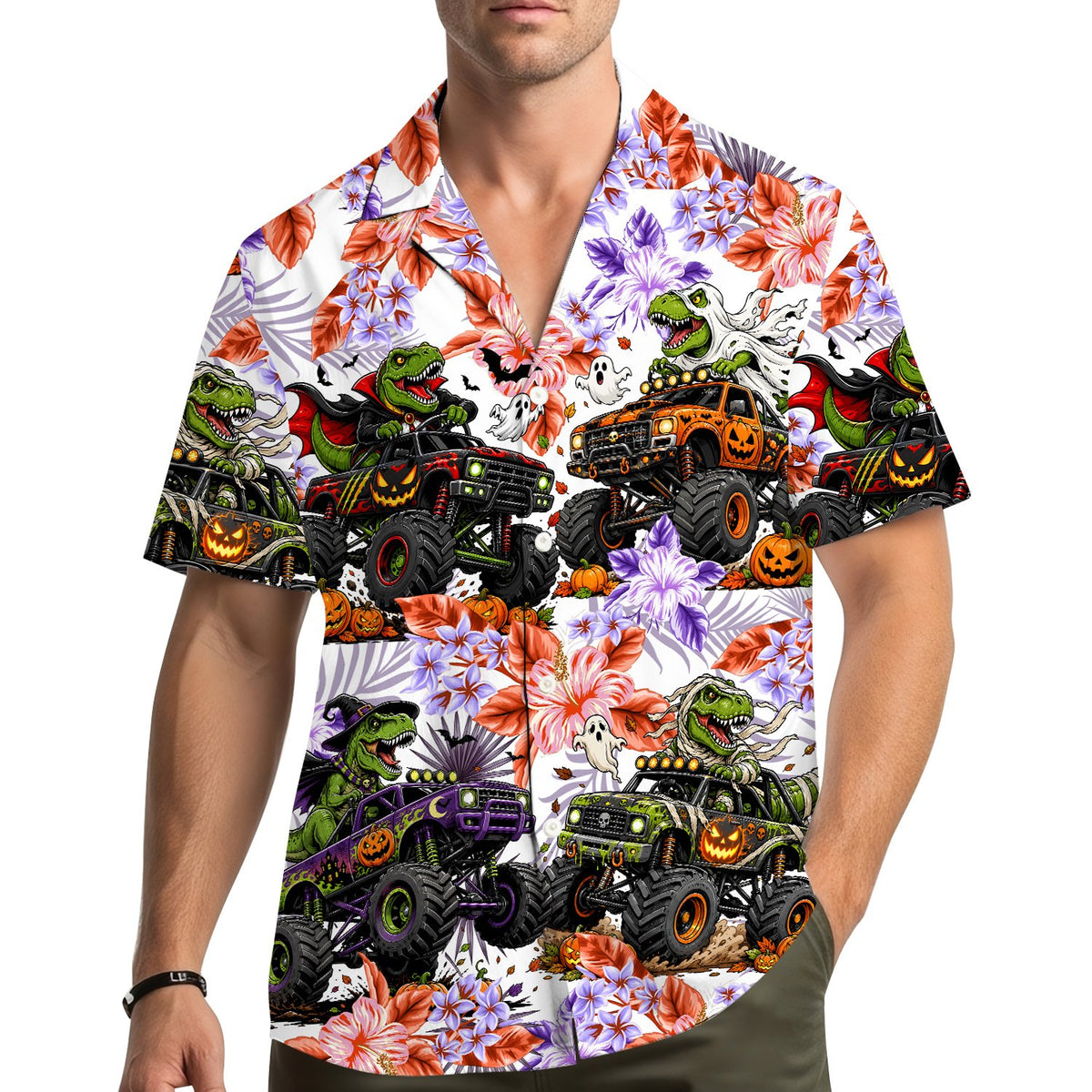 Lifestyle view of matching family hawaiian shirts for halloween