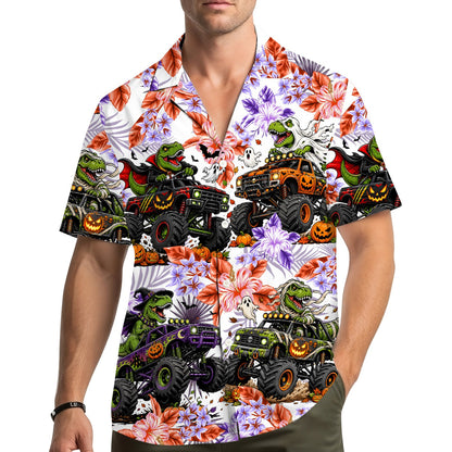 Lifestyle view of matching family hawaiian shirts for halloween