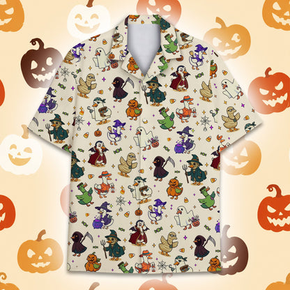 Second front view of the matching family Hawaiian shirt with spooky bird design