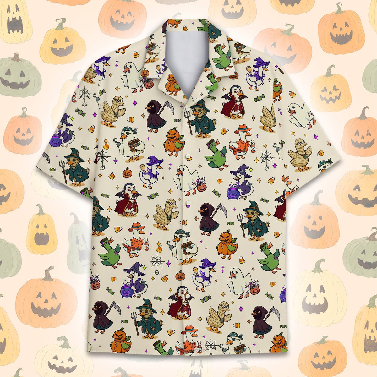 Third front view highlighting the festive holiday pattern on the Hawaiian shirt
