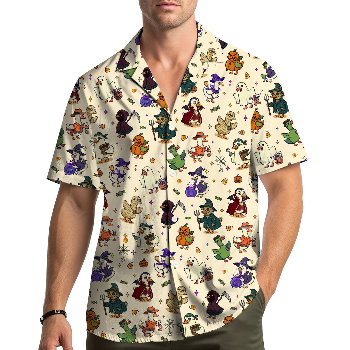 Front view of the matching family Hawaiian shirt featuring costumed birds