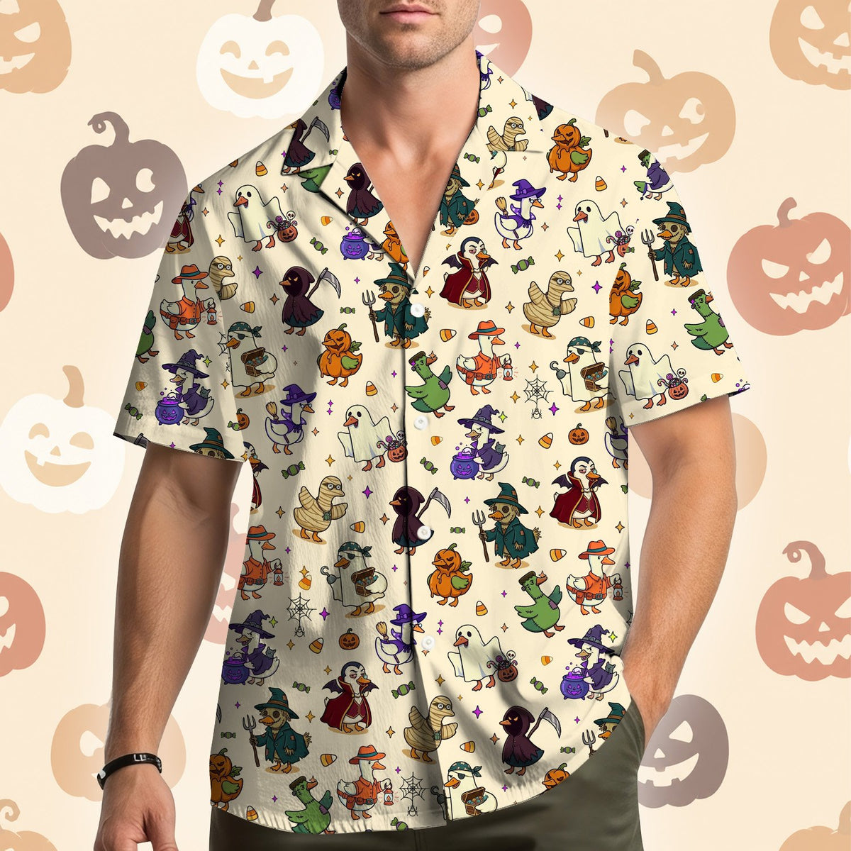 Lifestyle view of a family wearing the matching spooky bird Hawaiian shirts