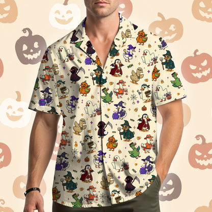 Lifestyle view of a family wearing the matching spooky bird Hawaiian shirts