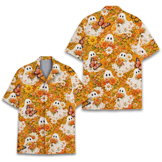 Halloween floral ghosts hawaiian shirt with cute ghost and butterfly print, front view