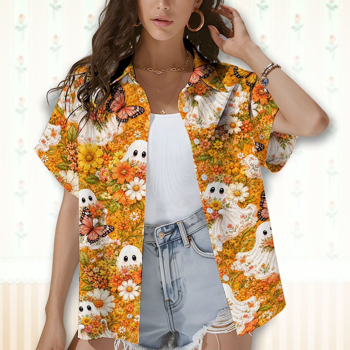 Group of family members posing in halloween floral ghosts hawaiian shirts, outdoor lifestyle