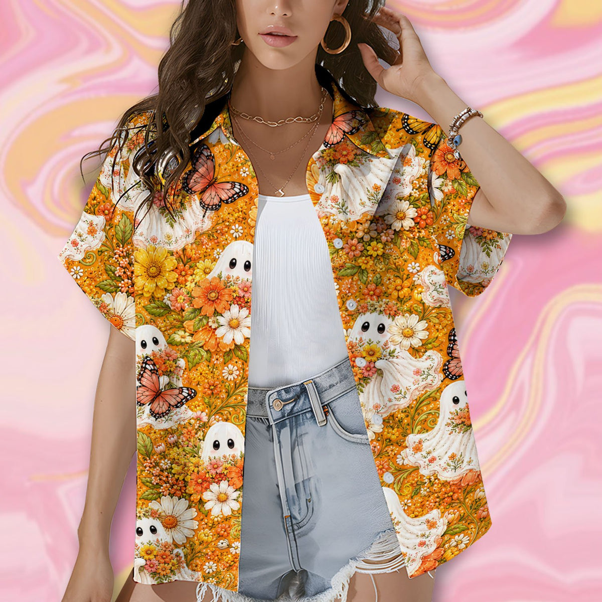 Close up of people wearing matching halloween hawaiian shirts in a lifestyle setting