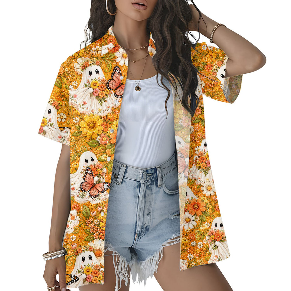 Family matching outfits featuring halloween floral ghosts hawaiian shirt, smiling outdoors