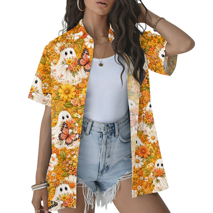 Family matching outfits featuring halloween floral ghosts hawaiian shirt, smiling outdoors