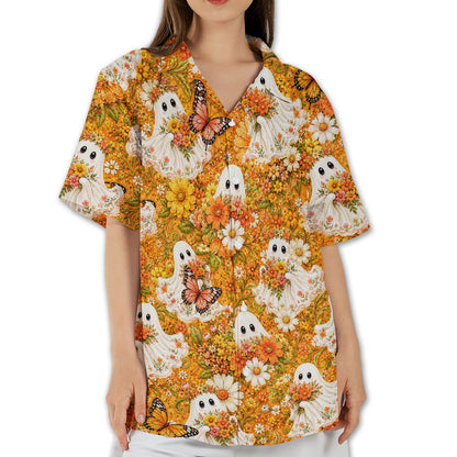 Detail view of the floral hawaiian shirt worn in a lifestyle environment