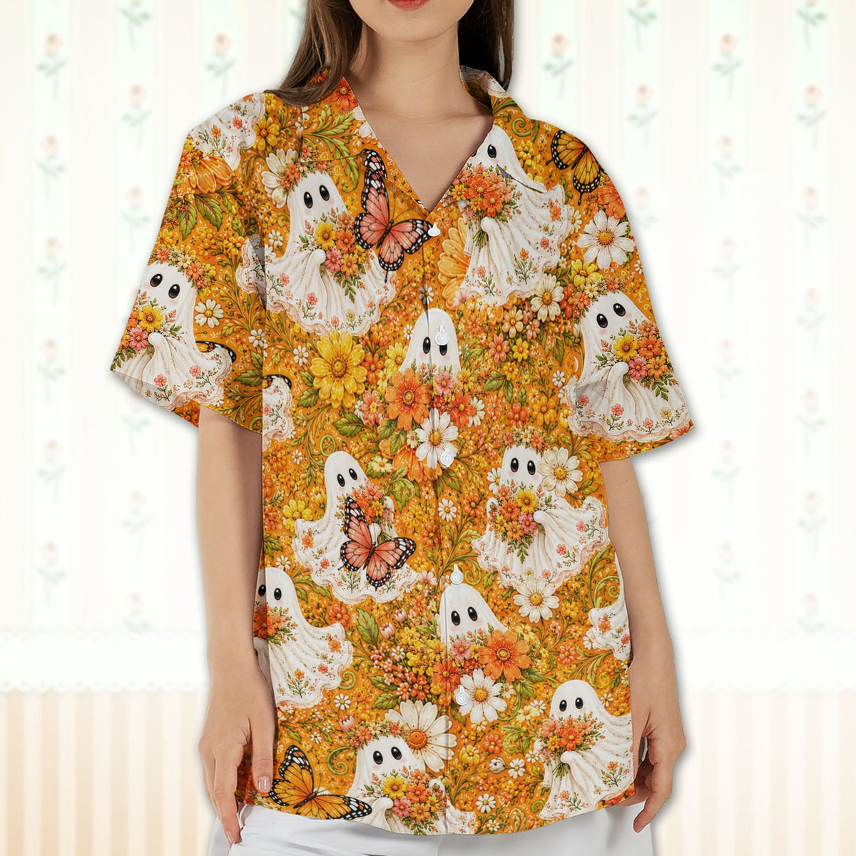 Happy family walking together wearing matching halloween floral ghosts hawaiian shirts