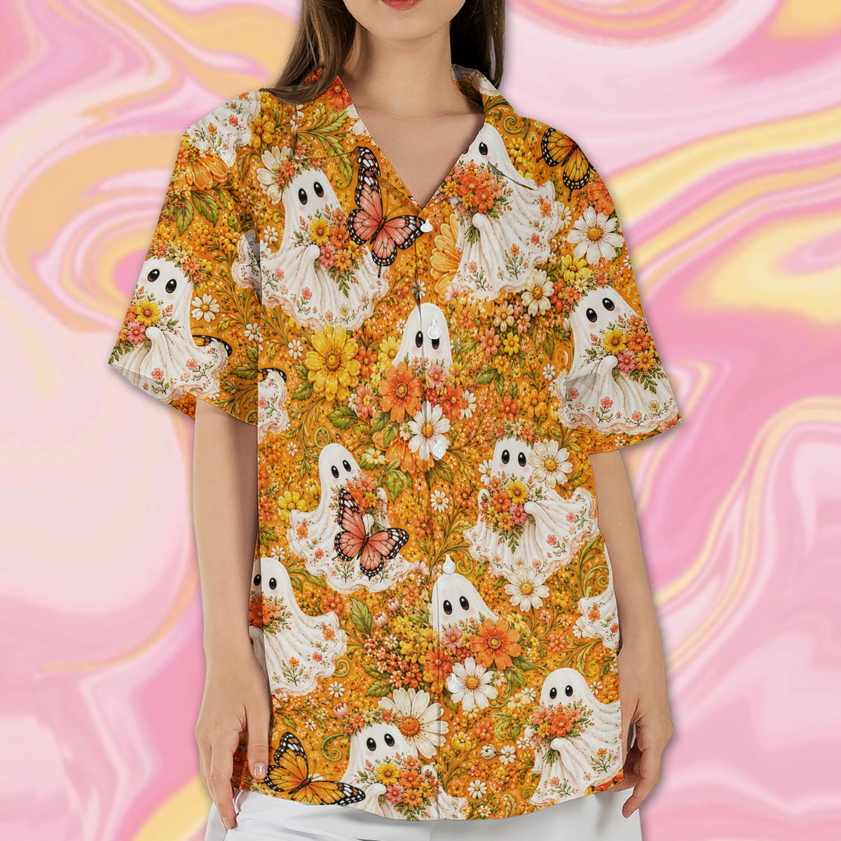 Rear lifestyle view of family matching outfits in halloween floral ghosts hawaiian shirts